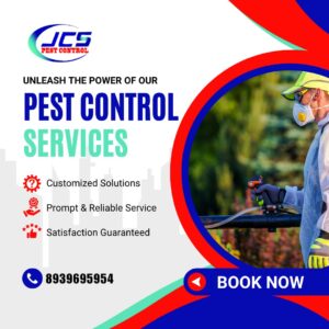 Pest control technician spraying outdoors with protective gear, promoting professional pest control services by JCS Pest Control.