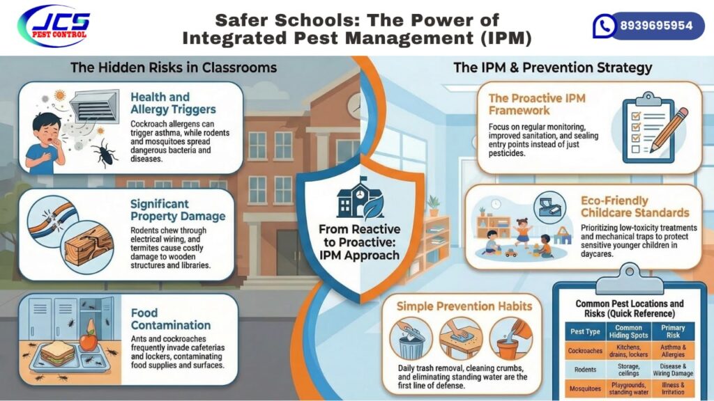 Infographic showing the importance of pest management in schools, highlighting health risks, property damage, food contamination, and Integrated Pest Management (IPM) strategies for safer classrooms.