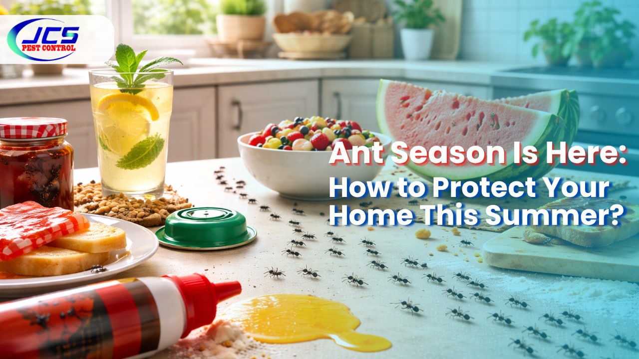 Ant season banner showing a kitchen scene with ants near a bowl of colorful fruits and a glass drink, highlighting seasonal pest activity.