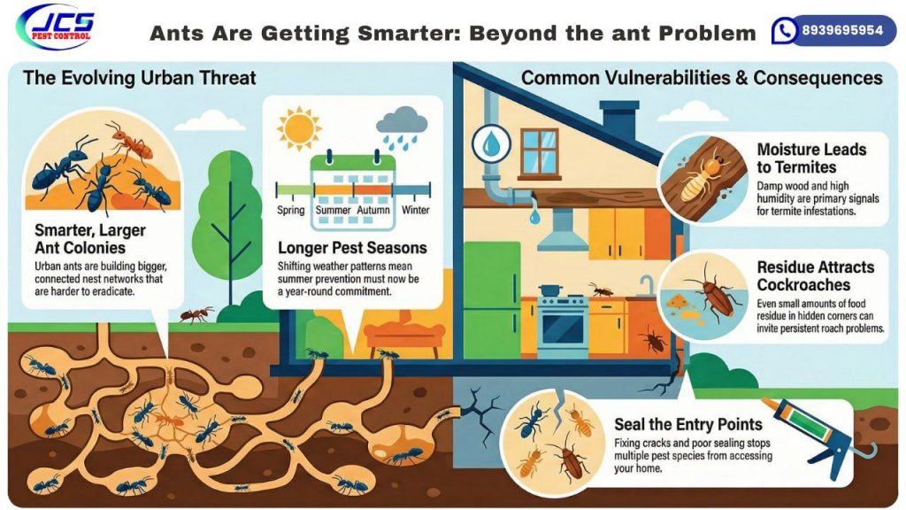 Infographic about increasing ant problems showing large underground colonies, longer pest seasons, and common household vulnerabilities like moisture, food residue, and entry points.
