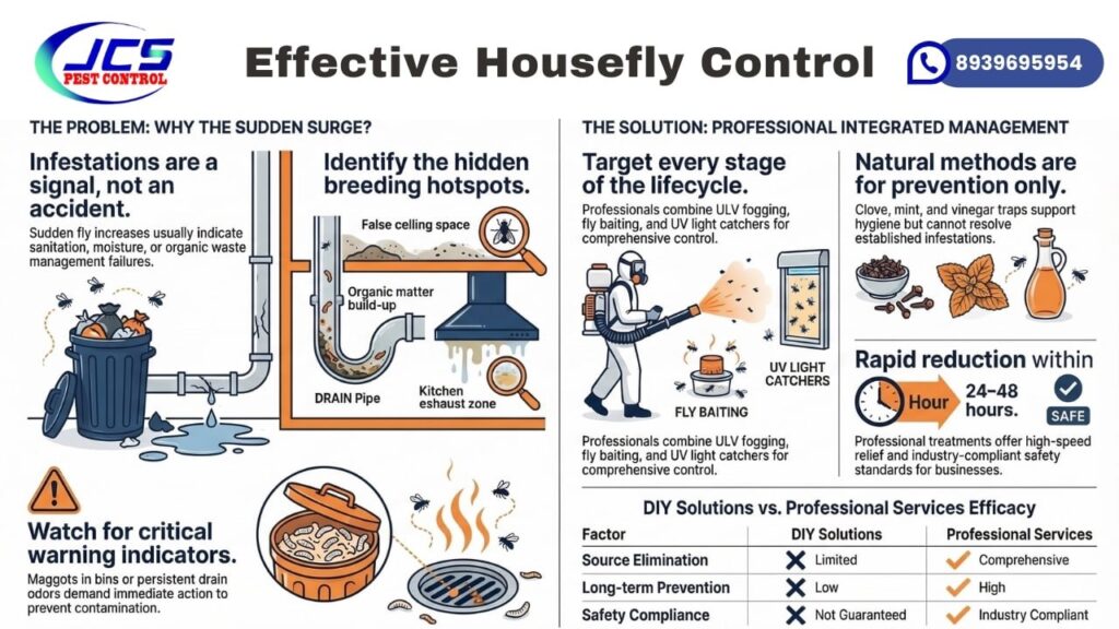 Infographic titled “Effective Housefly Control” by JCS Pest Control explaining why housefly infestations suddenly increase, showing causes like garbage, drain buildup, and hidden breeding spots, and presenting professional pest control solutions such as ULV fogging, fly baiting, and UV light catchers compared with limited DIY methods.